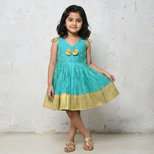 Lovely Turquoise Chanderi Cotton Shoulder Knot Frock for Toddlers