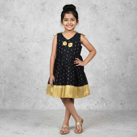 Stunning Black and Golden Chanderi Cotton Shoulder Knot Frock for Little Girls