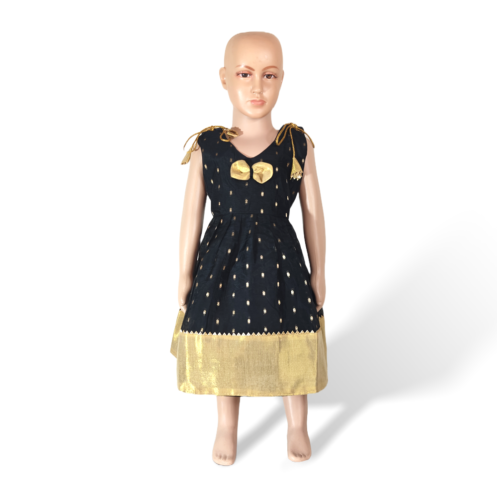 Stunning Black and Golden Chanderi Cotton Shoulder Knot Frock for Little Girls