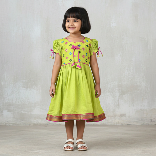 Parrot Green Chanderi - Cotton Frock Charm