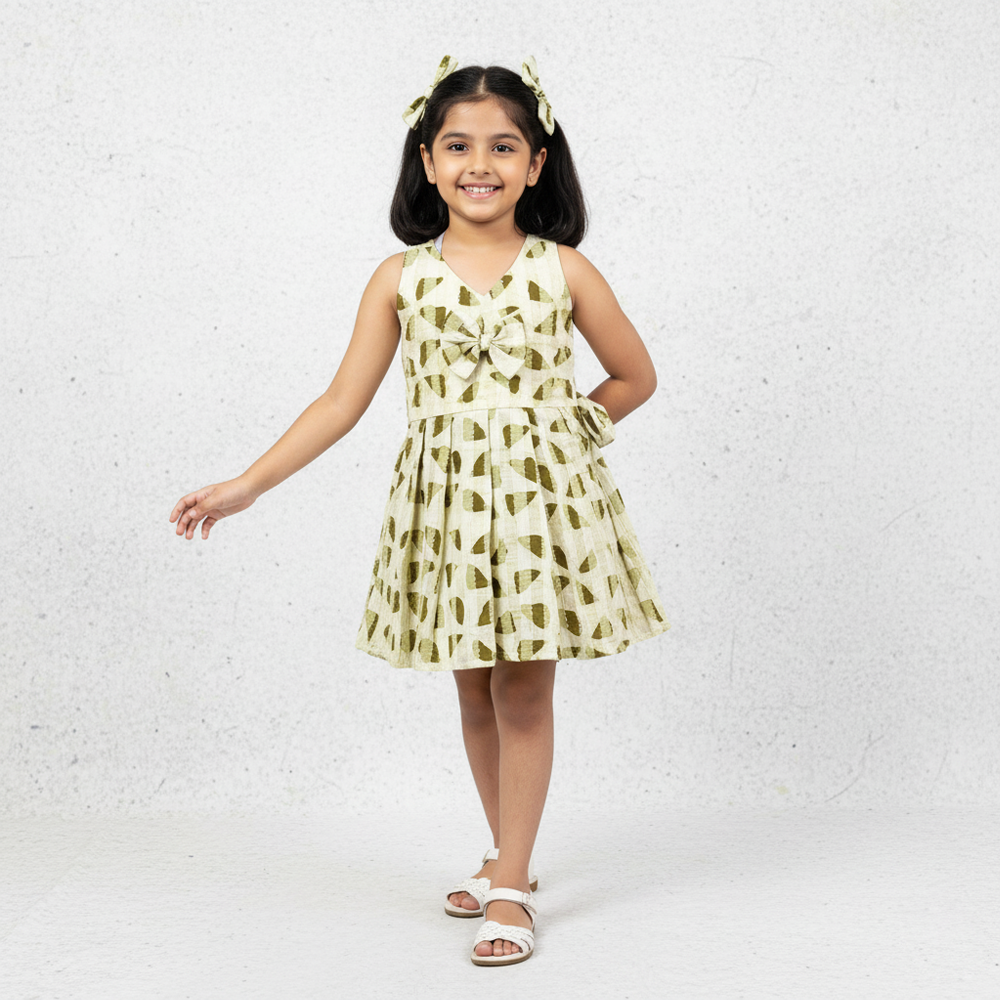 girl wearing green printed cotton frock with bow front