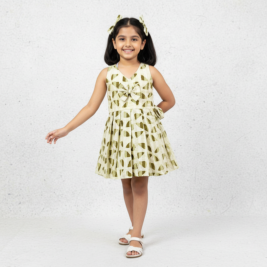girl wearing green printed cotton frock with bow front