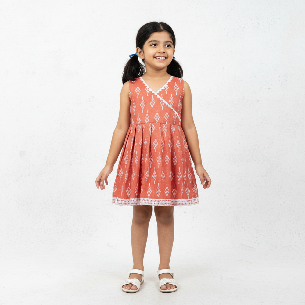 girl wearing peach printed cotton frock sleeveless