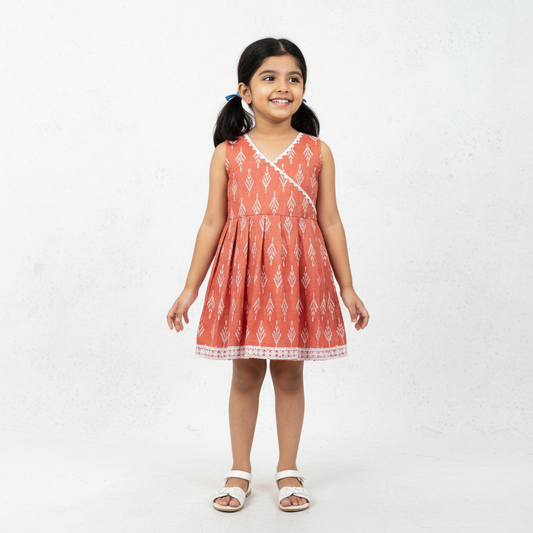 girl wearing peach printed cotton frock sleeveless