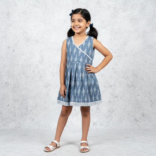 girl wearing grey cotton frock with wrap neckline