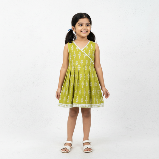 girl wearing lime green cotton frock printed