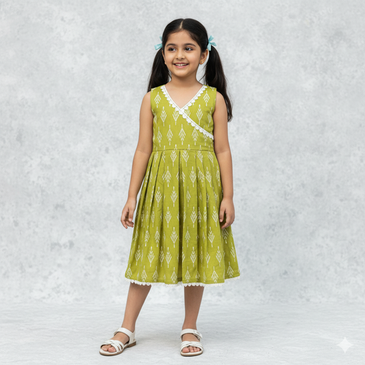girl wearing olive cotton frock with lace neckline