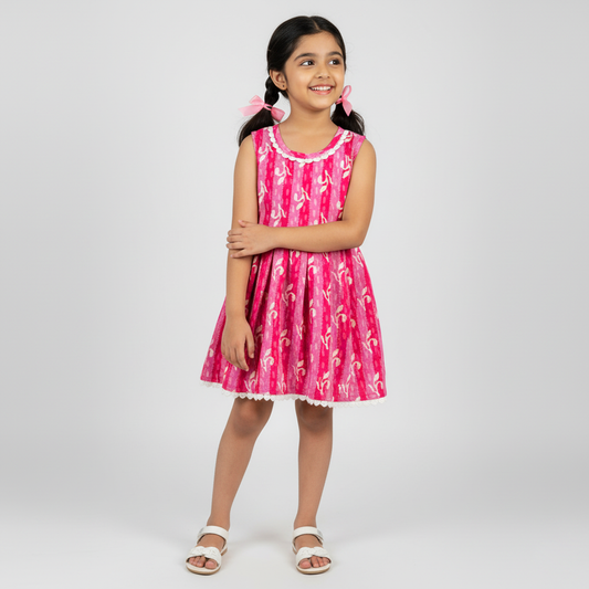 girl wearing pink cotton frock printed