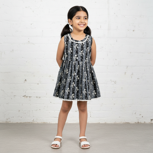 girl wearing black cotton frock printed