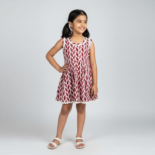 girl wearing maroon cotton frock printed