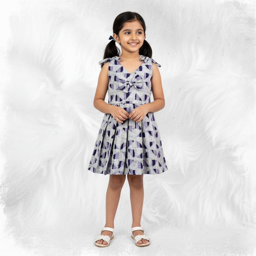 girl wearing grey cotton frock with bow