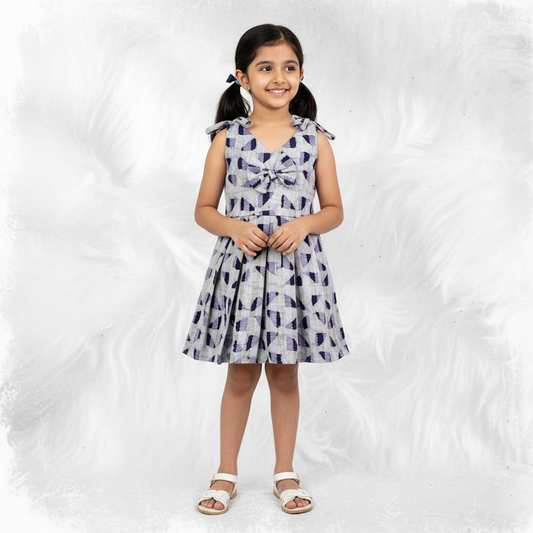 girl wearing grey cotton frock with bow