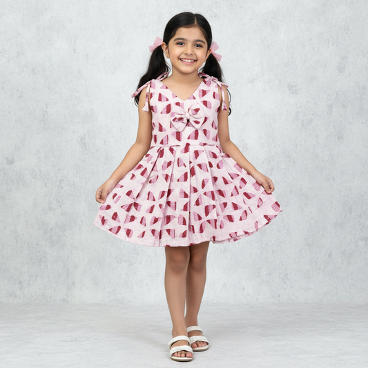 girl wearing light pink cotton frock with bow