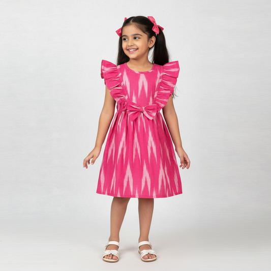 girl wearing pink ikat cotton frock with ruffle sleeves