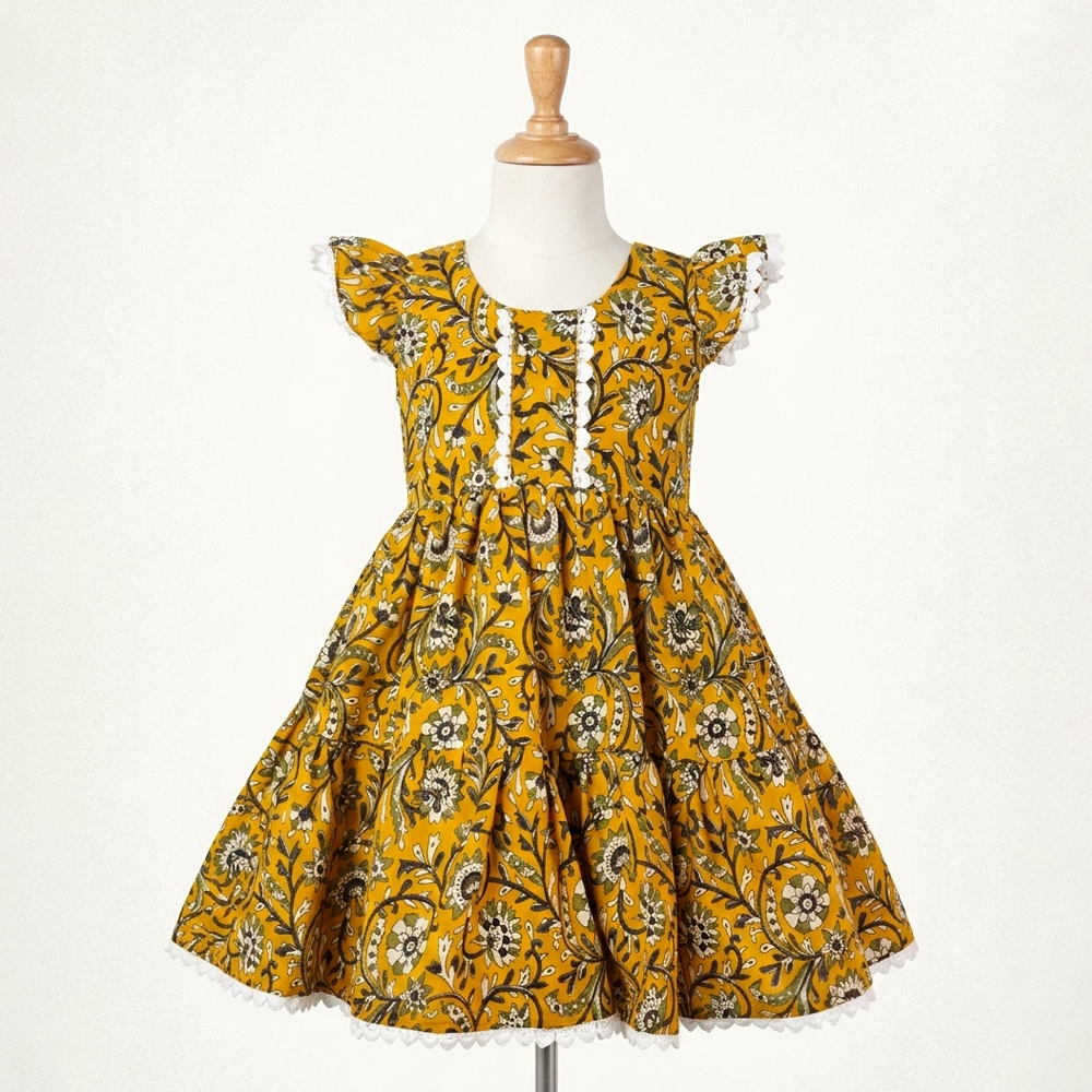 Yellow Floral Cotton Frock for Girls with Lace Detail