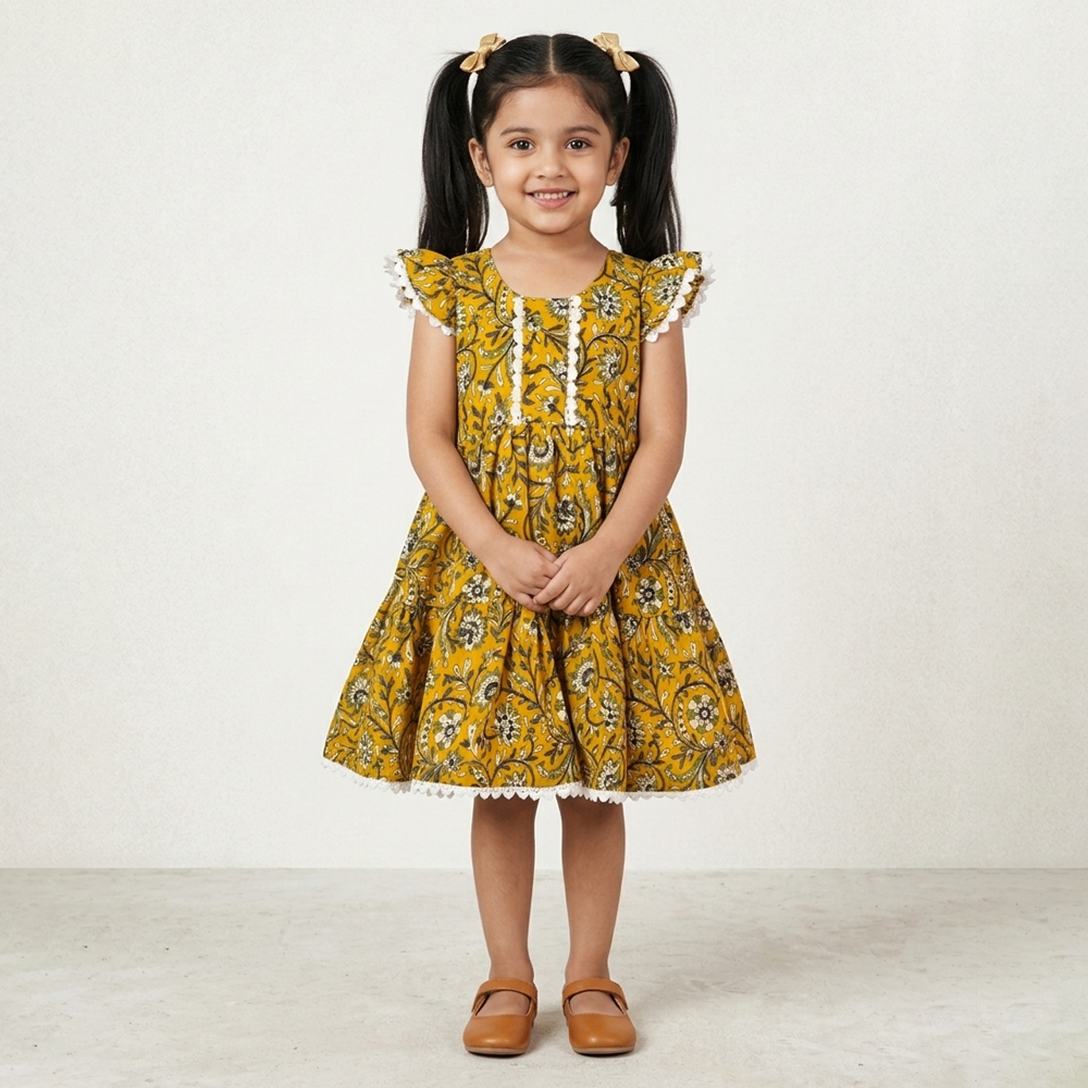 Yellow Floral Cotton Frock for Girls with Lace Detail