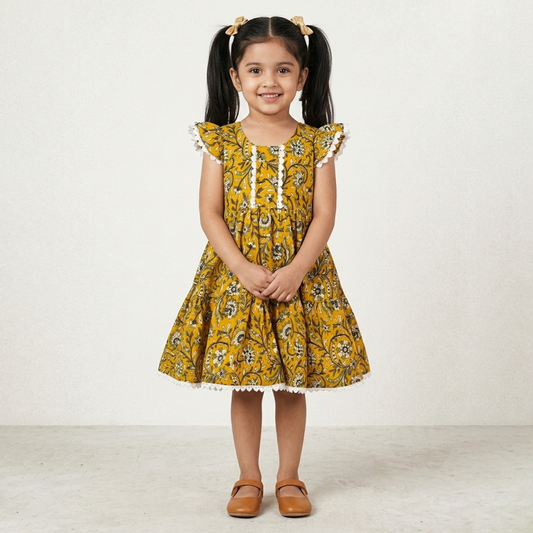 Yellow Floral Cotton Frock for Girls with Lace Detail