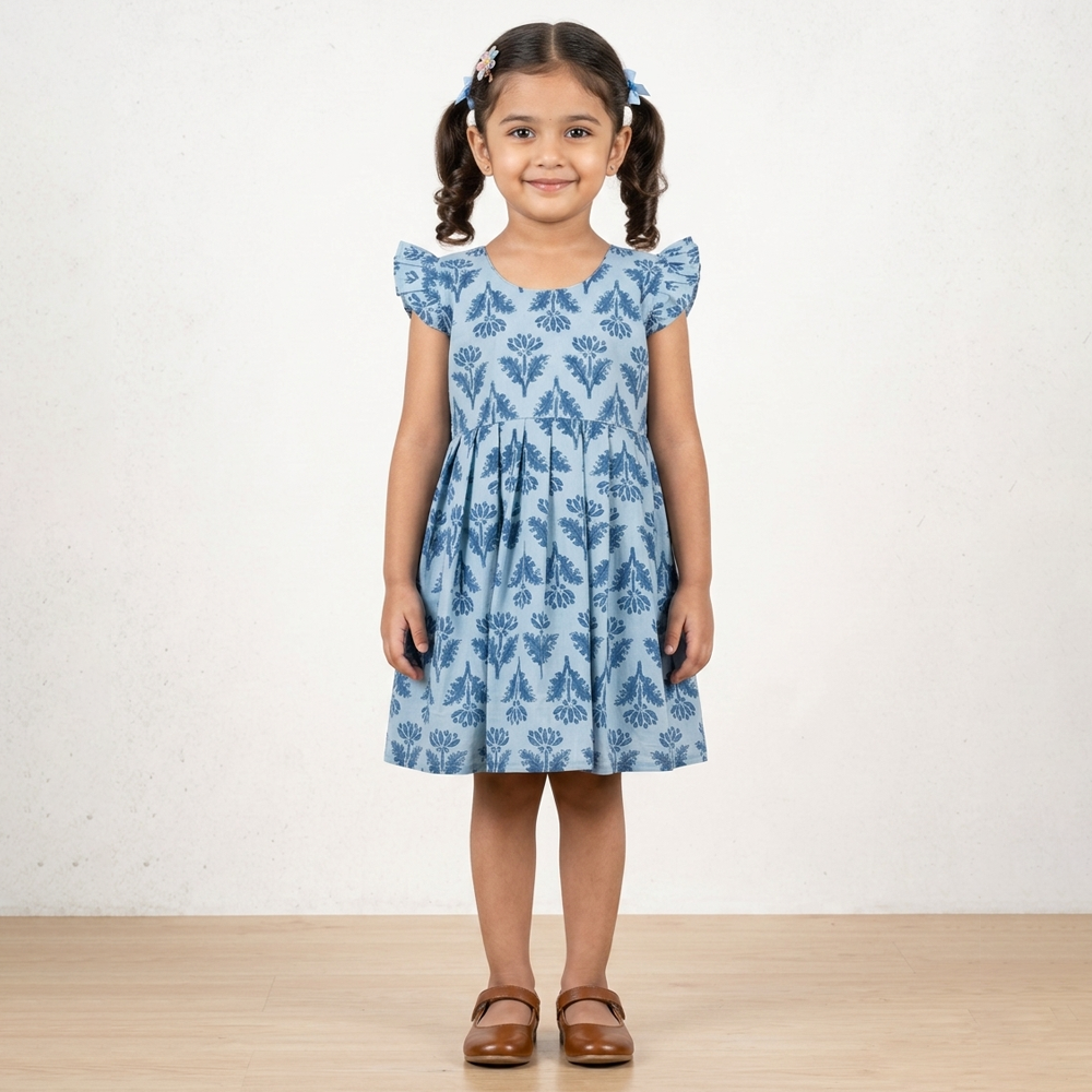 Blue Printed Cotton Frock for Girls with Ruffle Sleeves