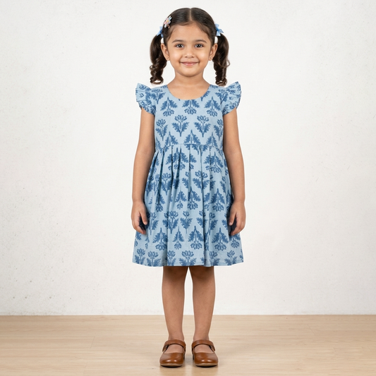 Blue Printed Cotton Frock for Girls with Ruffle Sleeves