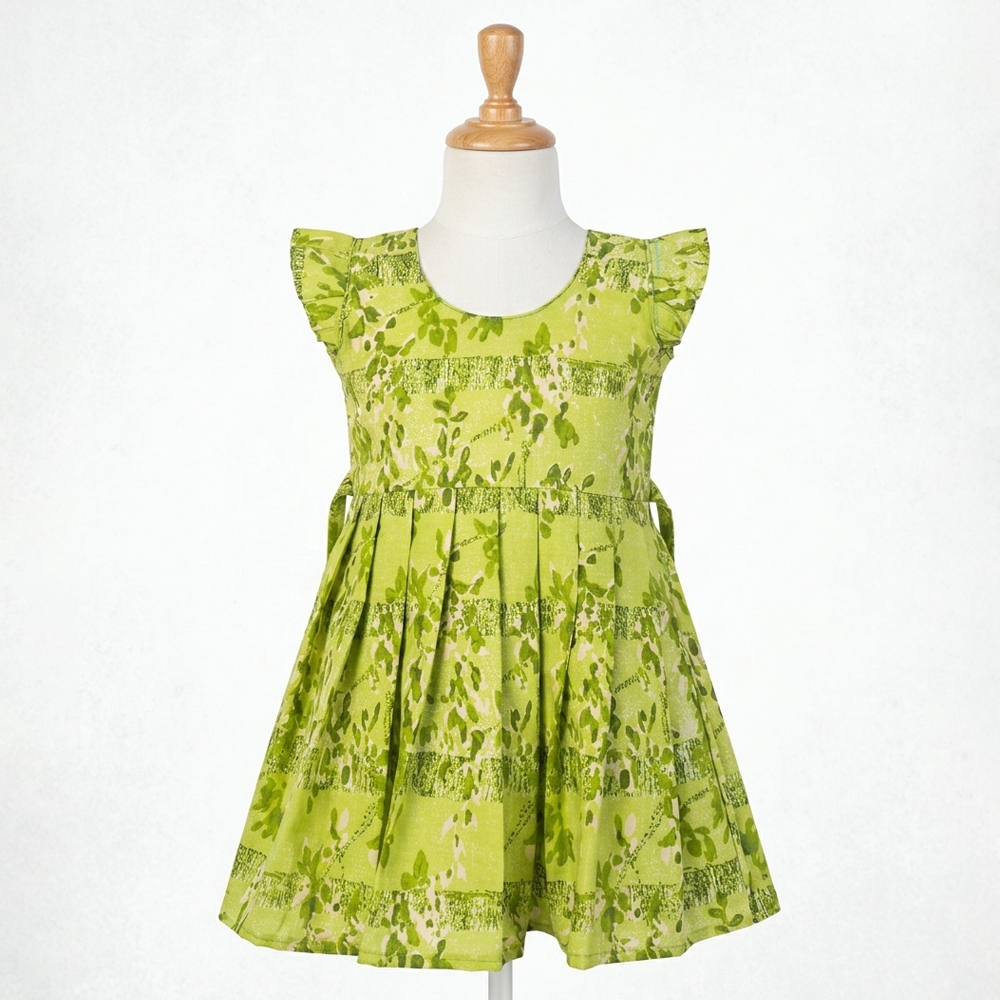 Green Printed Cotton Frock for Girls with Flared Design