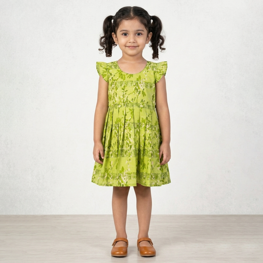 Green Printed Cotton Frock for Girls with Flared Design