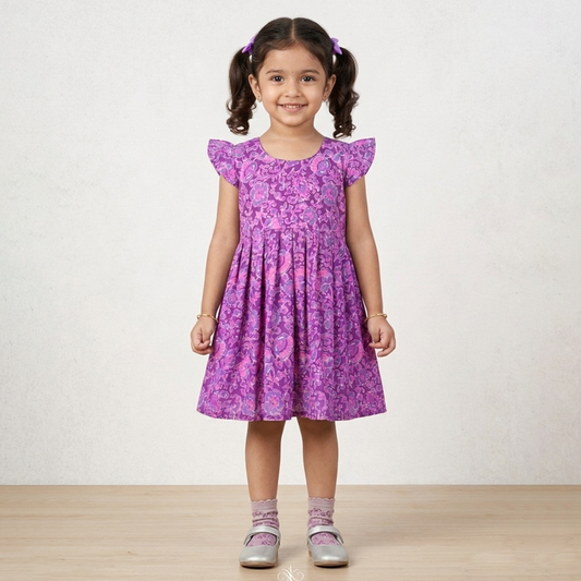 Purple Floral Cotton Frock for Girls with Flared Fit