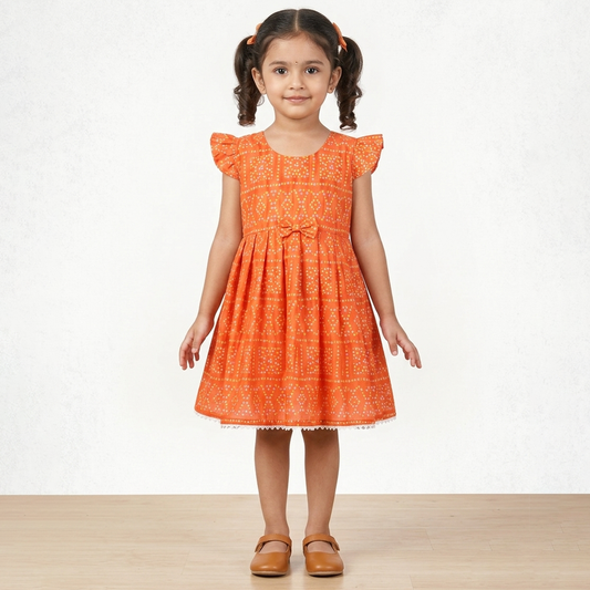 Orange Printed Cotton Frock for Girls with Flared Style