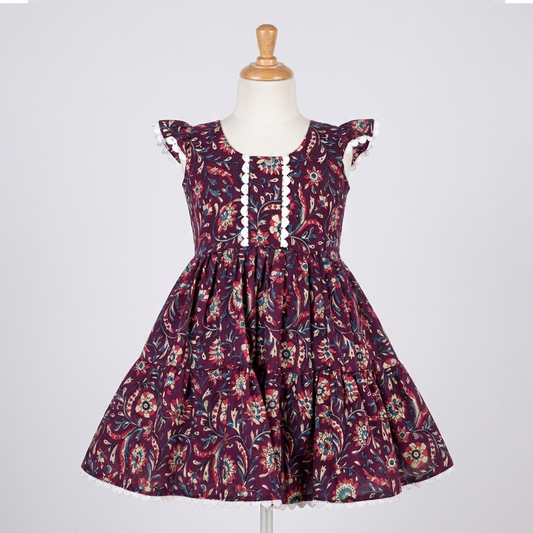 Maroon Floral Cotton Frock for Girls with Lace Detail