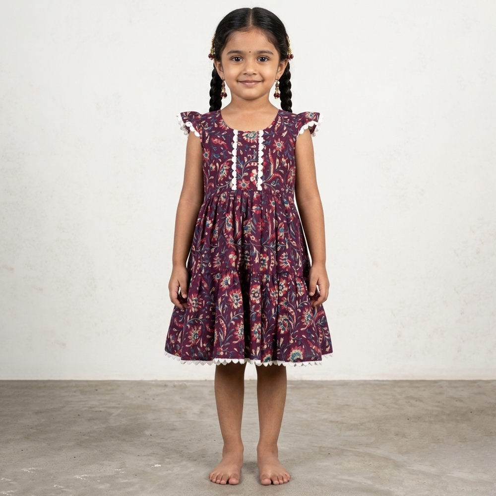 Maroon Floral Cotton Frock for Girls with Lace Detail
