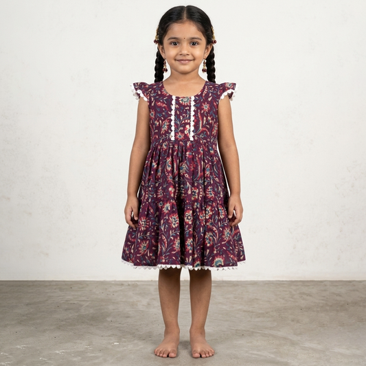Maroon Floral Cotton Frock for Girls with Lace Detail