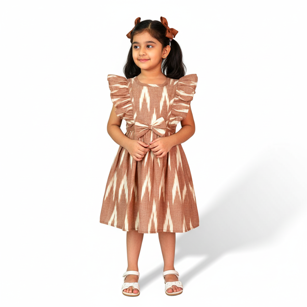 girl wearing brown cotton frock with ikat design