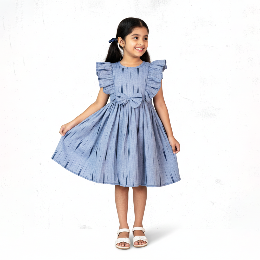 girl wearing blue cotton frock with ruffle sleeves