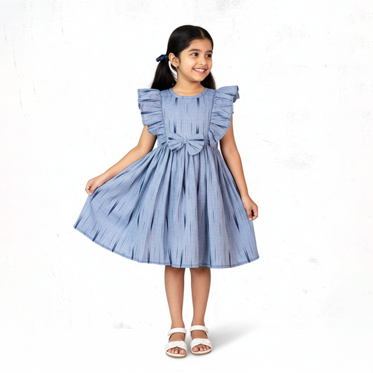 girl wearing blue cotton frock with ruffle sleeves