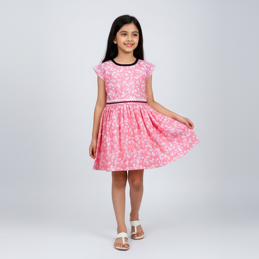 Leaf Print Cotton Frock for Girls – Summer Comfort Daily Wear | Pakharooo