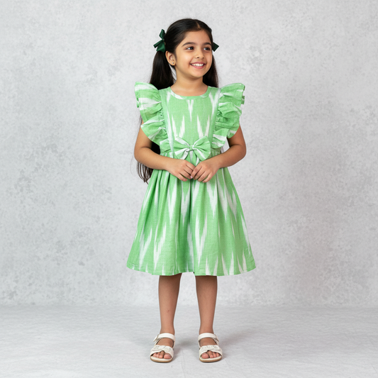 girl wearing green ikat cotton frock with ruffle sleeves