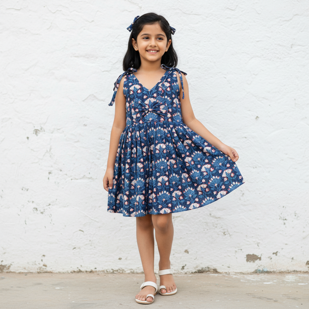 girl wearing blue floral cotton frock with tie shoulders