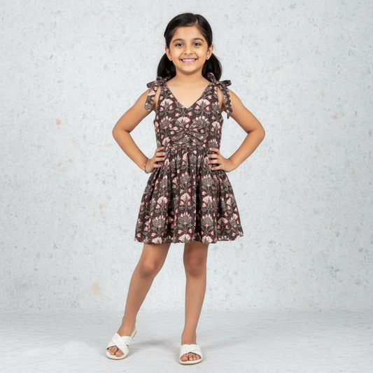 girl wearing brown printed cotton frock with tie-up shoulders