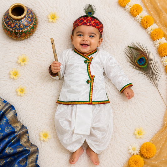 Krishna Silk Kurta Dhoti Set for Baby Boy | White Janmashtami Costume with Morpankh Headband & Flute