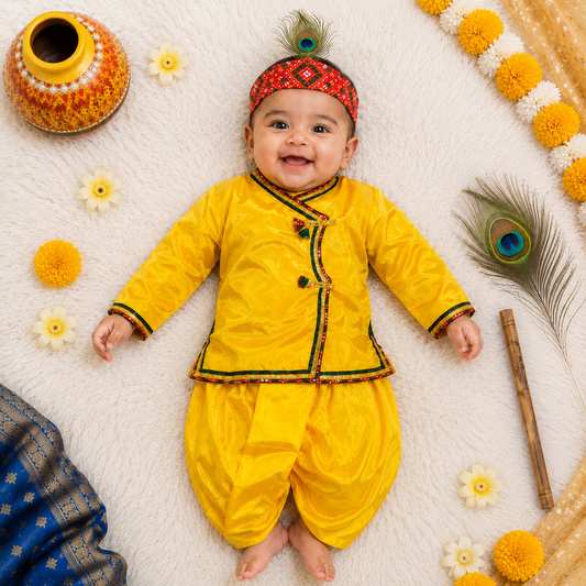Krishna Silk Kurta Dhoti Set for Baby Boy | Yellow Janmashtami Costume with Morpankh Headband & Flute