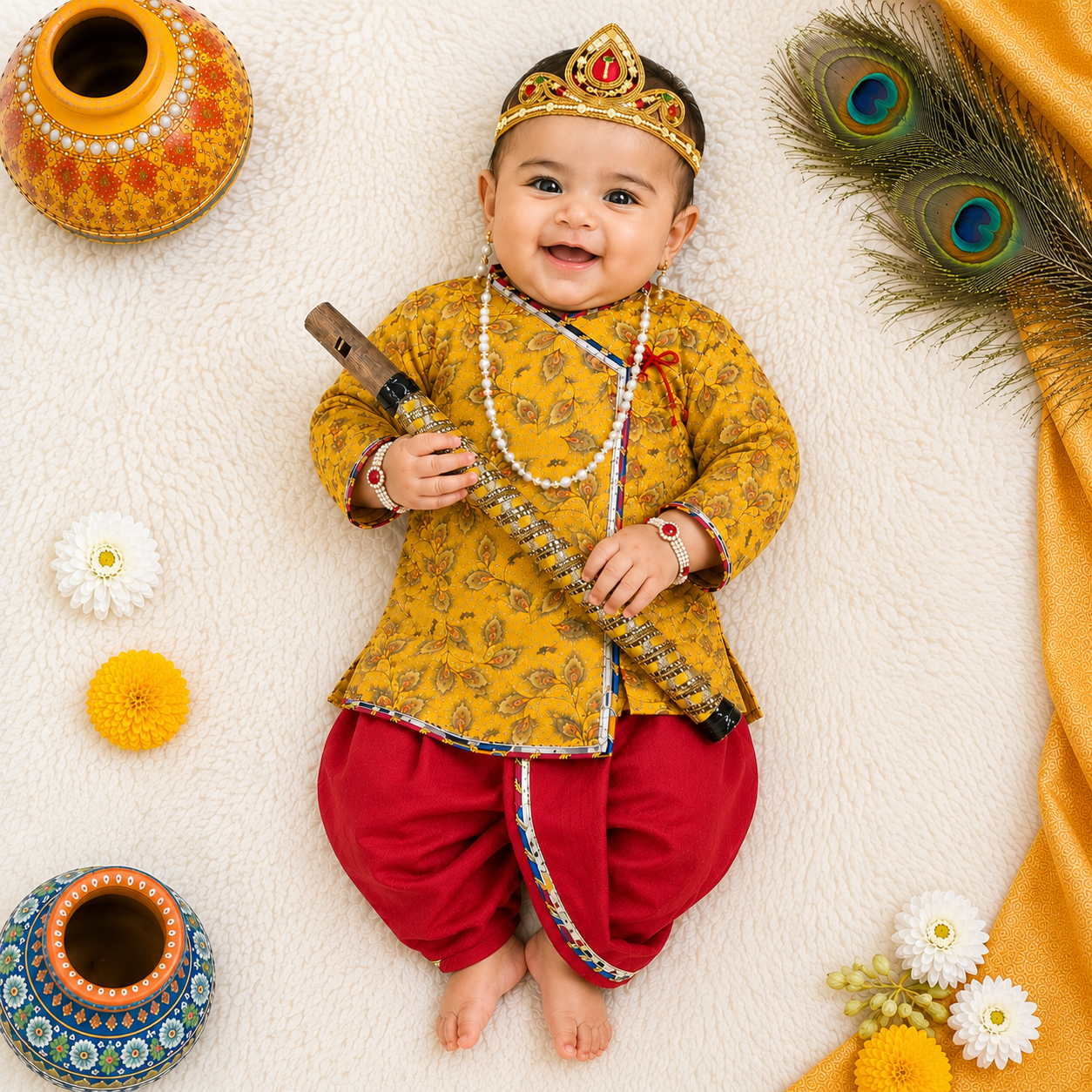Krishna Dhoti Kurta Set for Baby Boy | Mustard Floral Print Kurta with Red Dhoti, Crown & Flute – Janmashtami Costume