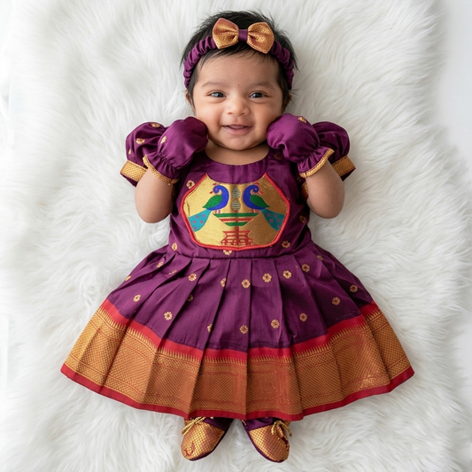 Maroon Paithani Semi Silk Newborn Baby Girl Dress for Naming Ceremony | Hairband Combo Set
