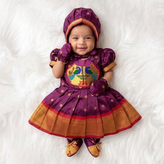 Newborn Baby Girl Dress Set Maroon Paithani (Frock Cap Mittens Booties)