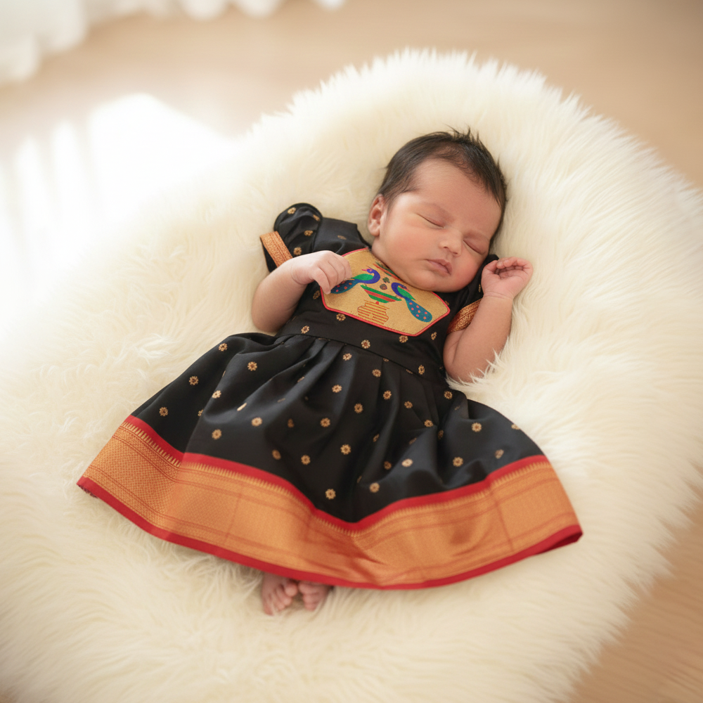 Traditional Paithani Frock for Newborn Baby Girl | Silk Festive Dress