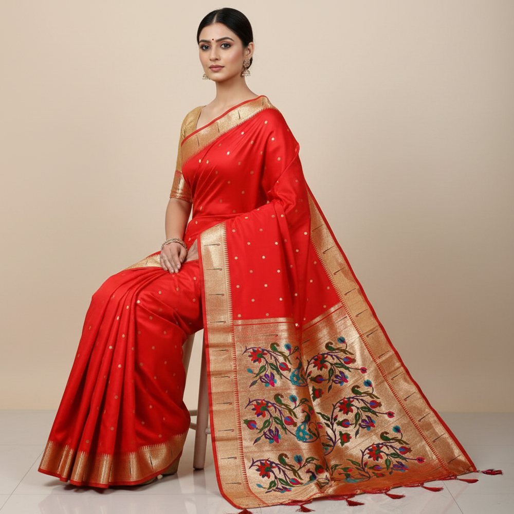 Red Muniya Paithani Saree – Traditional Festive Paithani