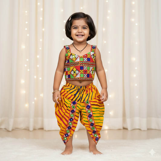 Yellow Navratri Dress – Dhoti Style Costume for Girls