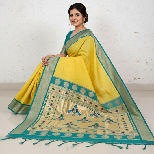 Traditional Yellow Paithani Silk Saree for Women