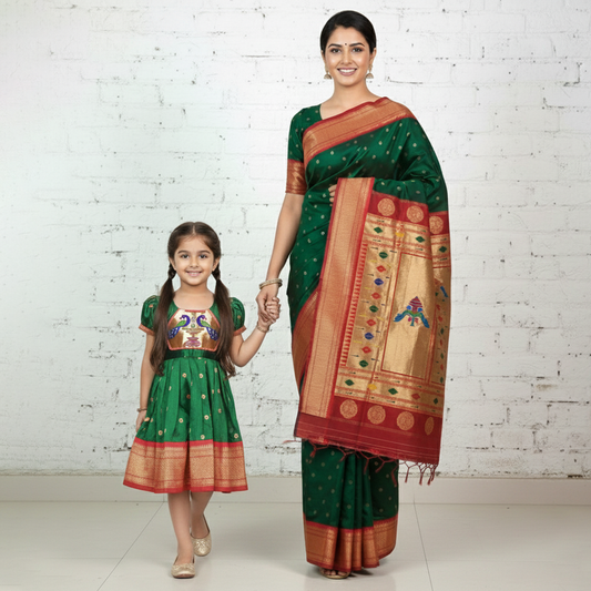 Paithani Mom & Daughter Combo in Green
