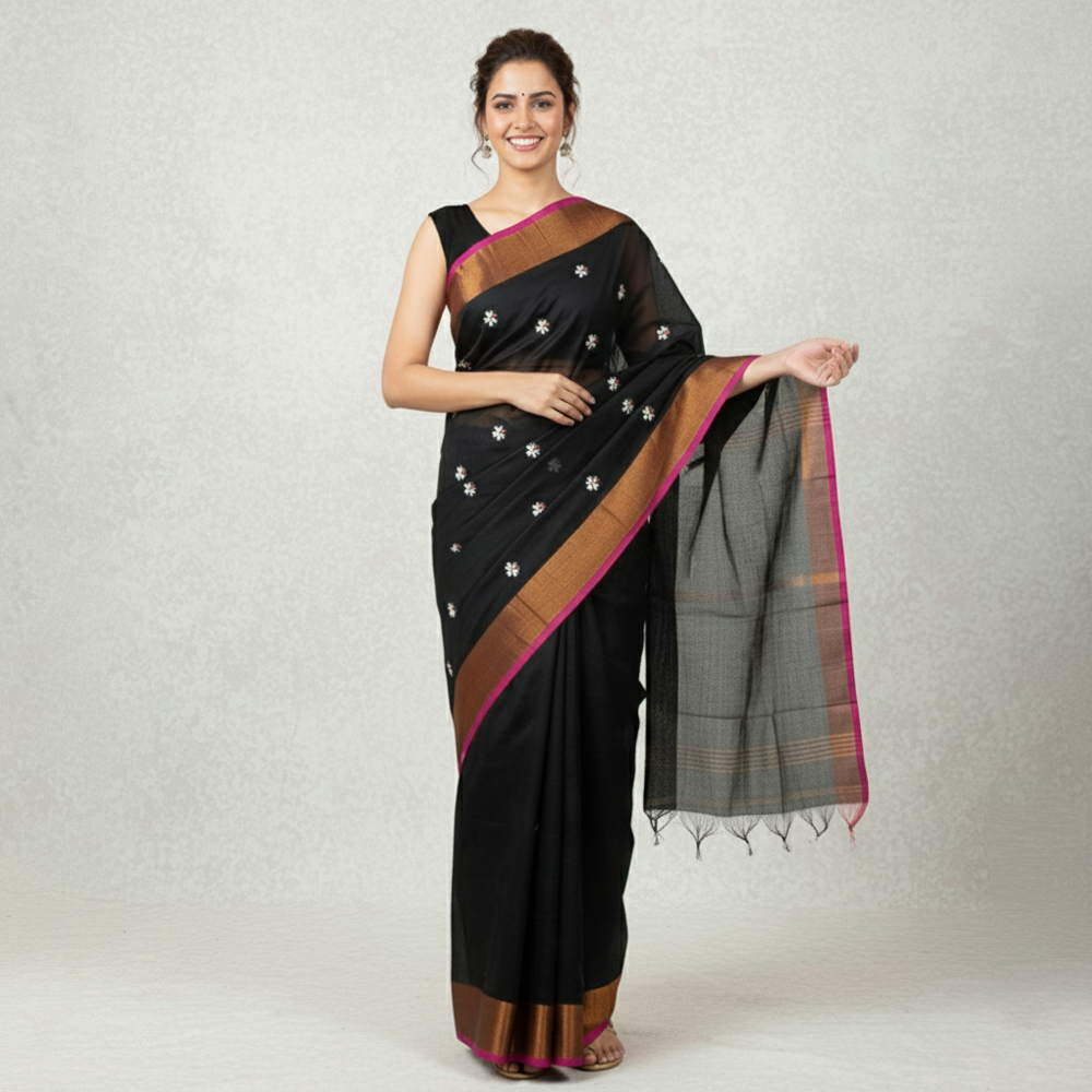 Black Prajakta Flower Saree for Festival & Parties | Designer Floral Saree