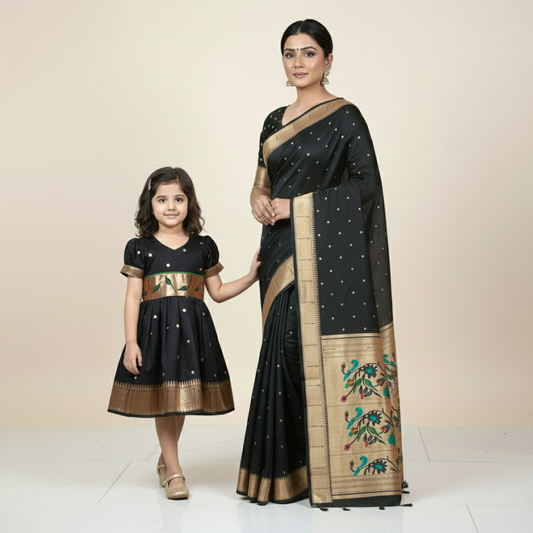 Black Muniya Paithani Mom Daughter Combo – Saree & Frock Set