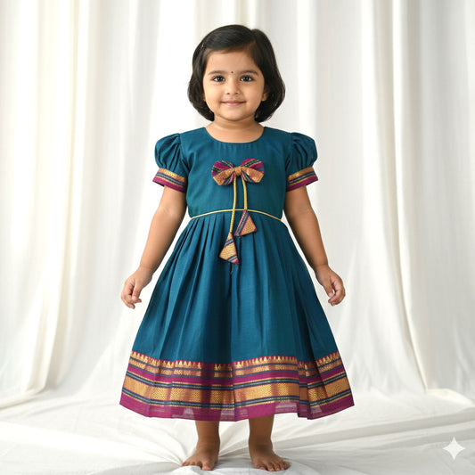 Elegant Blue Chanderi Cotton Frock - Bow Tie Style for Girls